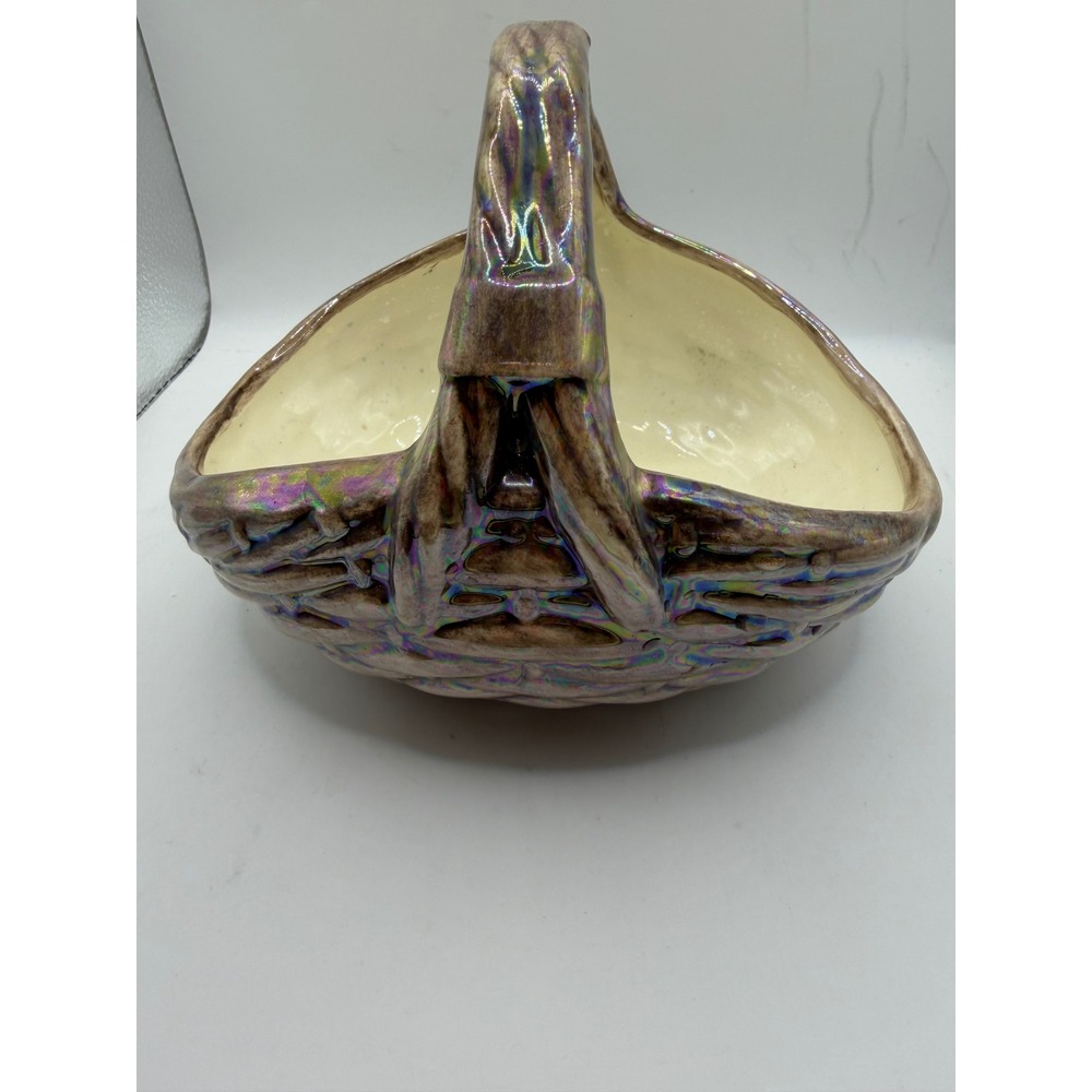 Vintage Mary Ann Signed Iridescent Ceramic‎ Basket Weave Bowl Luster Glaze Brown